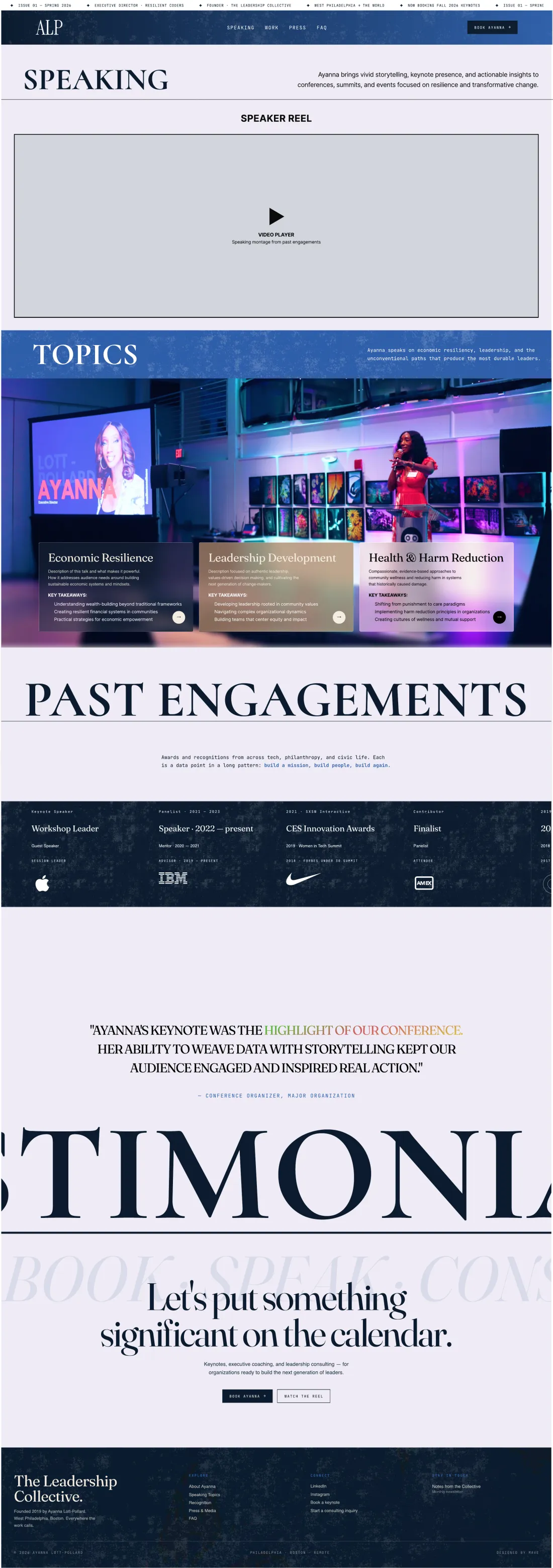 Speaking page — cover hero and editorial system
