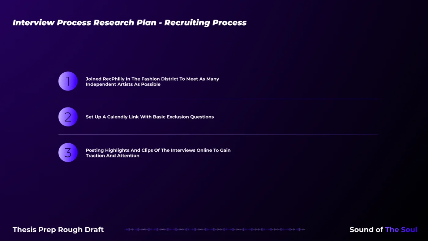 Recruiting process: joined RecPhilly to meet artists in person, set up a Calendly link with exclusion questions, and posted interview clips online to build traction