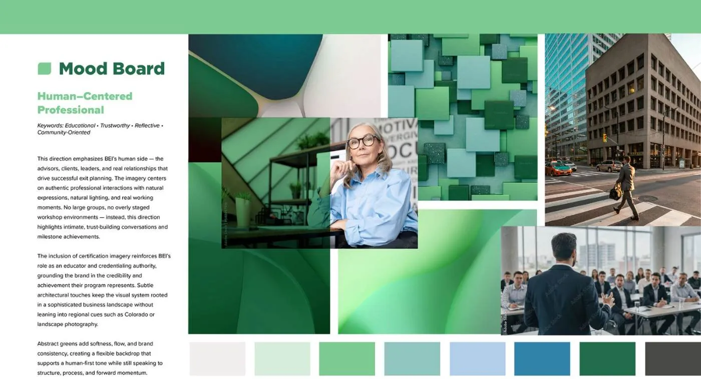 The Human-Centered Professional mood board: candid advisor photography against abstract green architecture