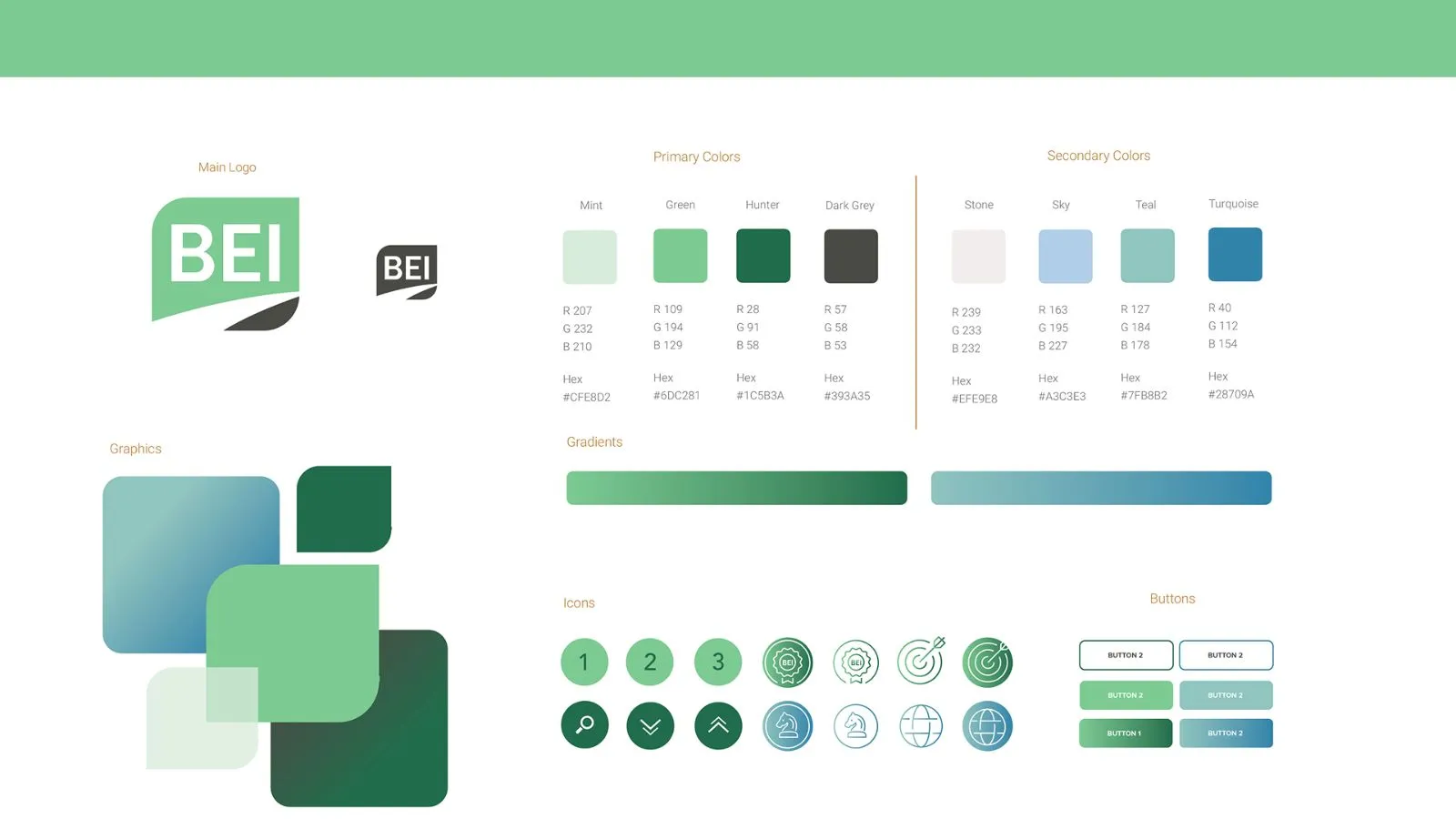 The BEI brand sheet: logo, primary and secondary palettes, gradients, and icon set