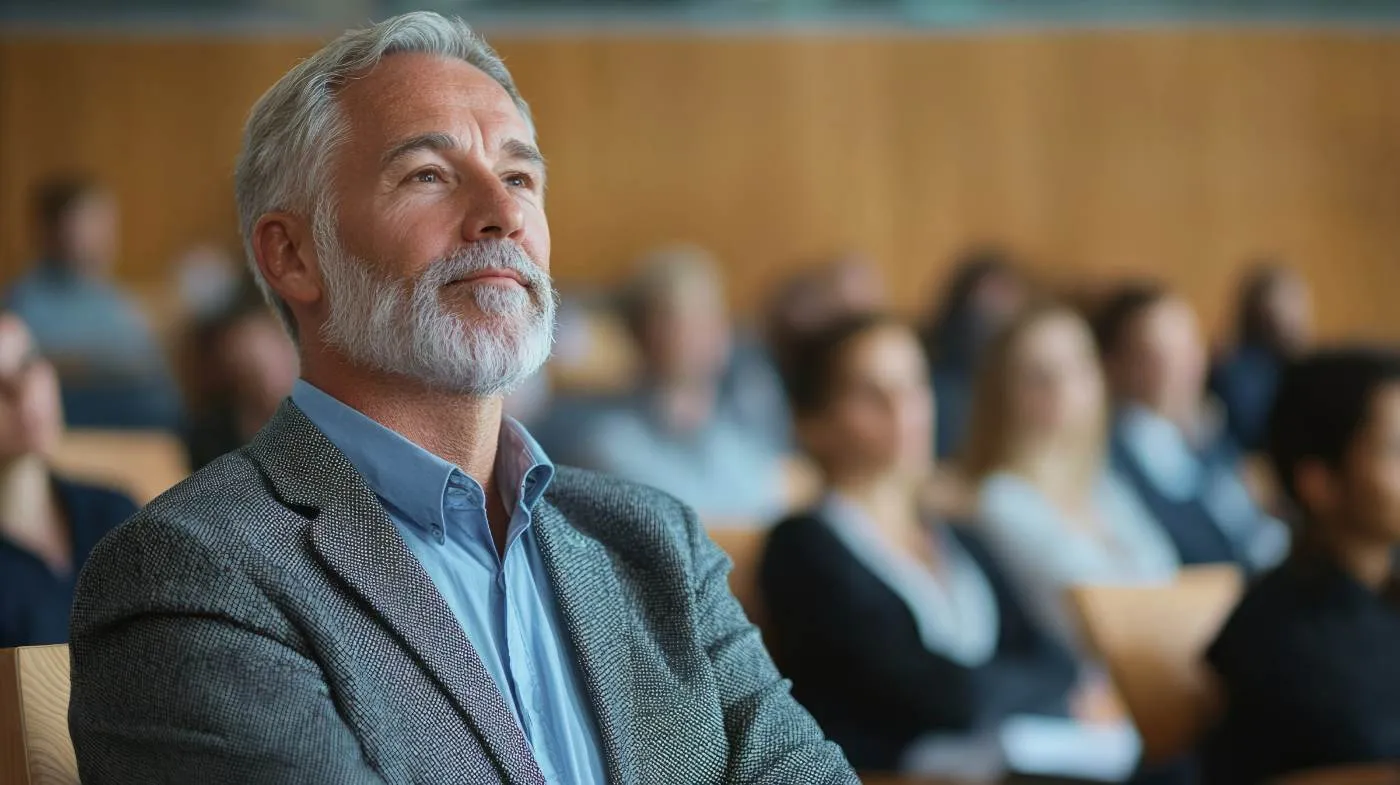 An advisor listening from the audience at a conference