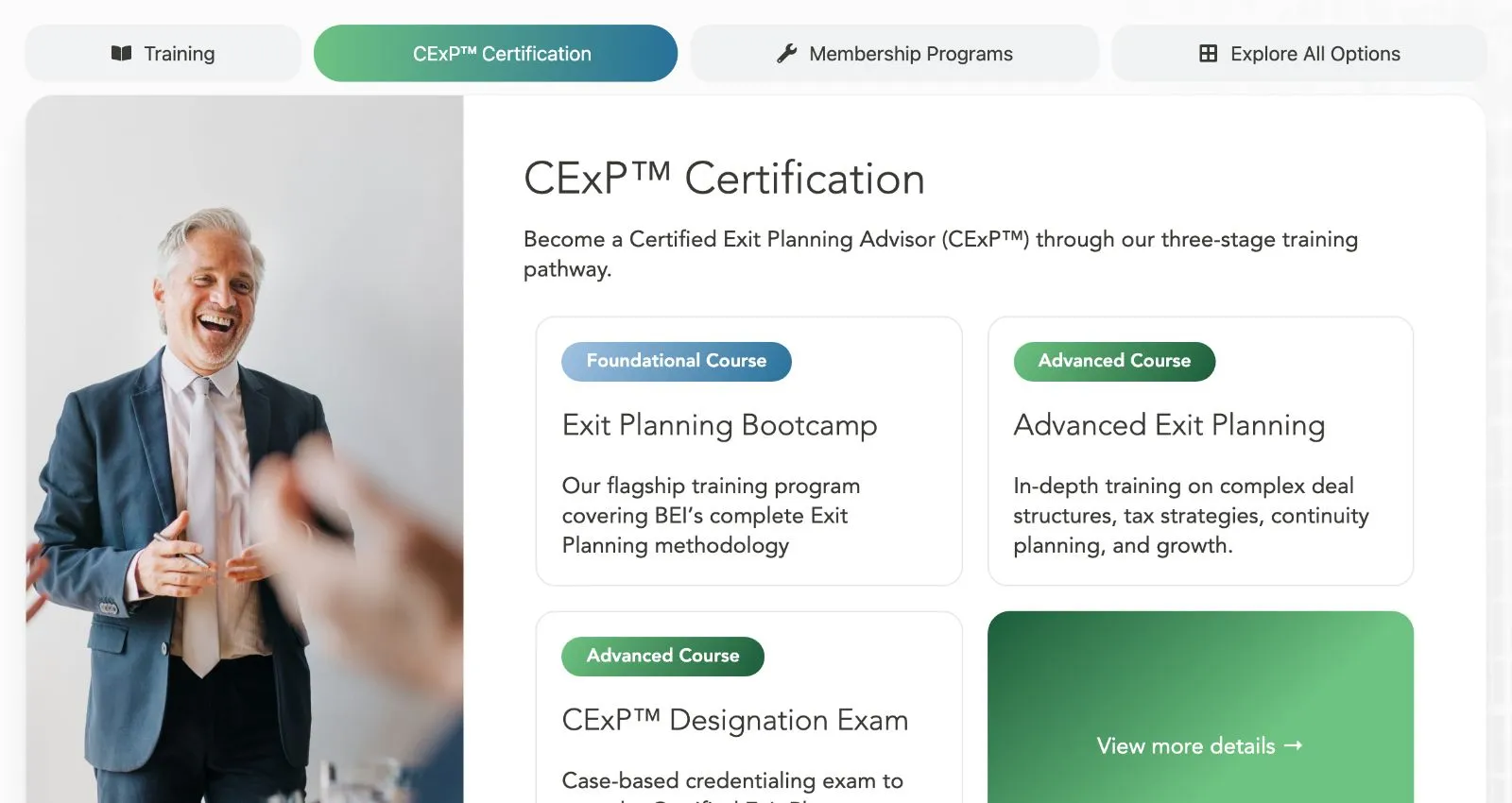 Tabbed services component showing CExP Certification