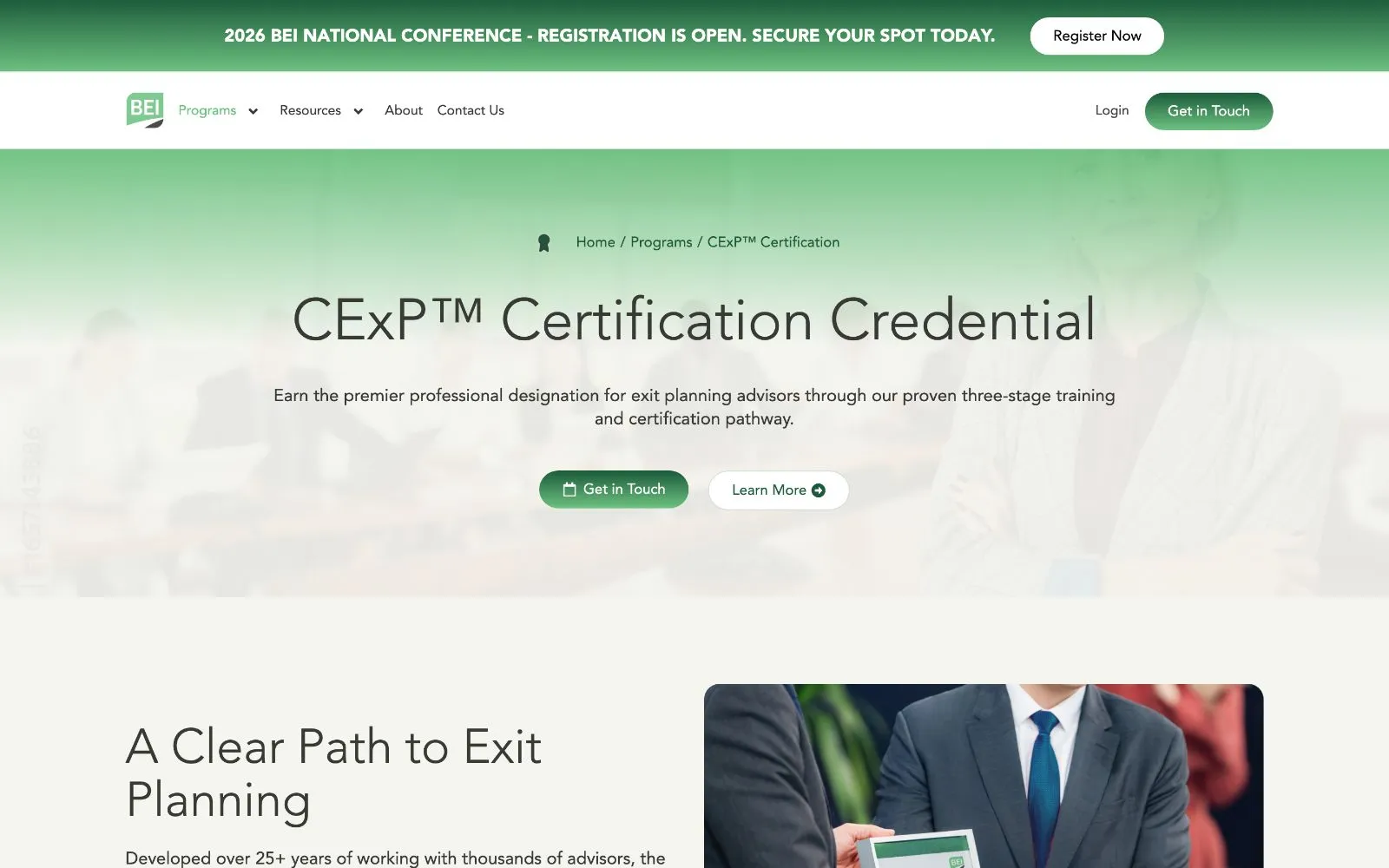 The CExP Certification Credential page on exitplanning.com