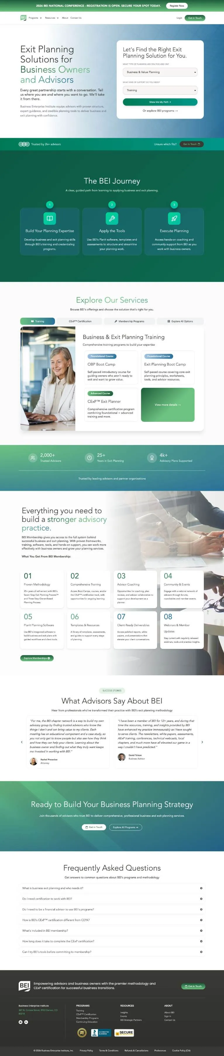 The full exitplanning.com homepage at desktop width, top to bottom