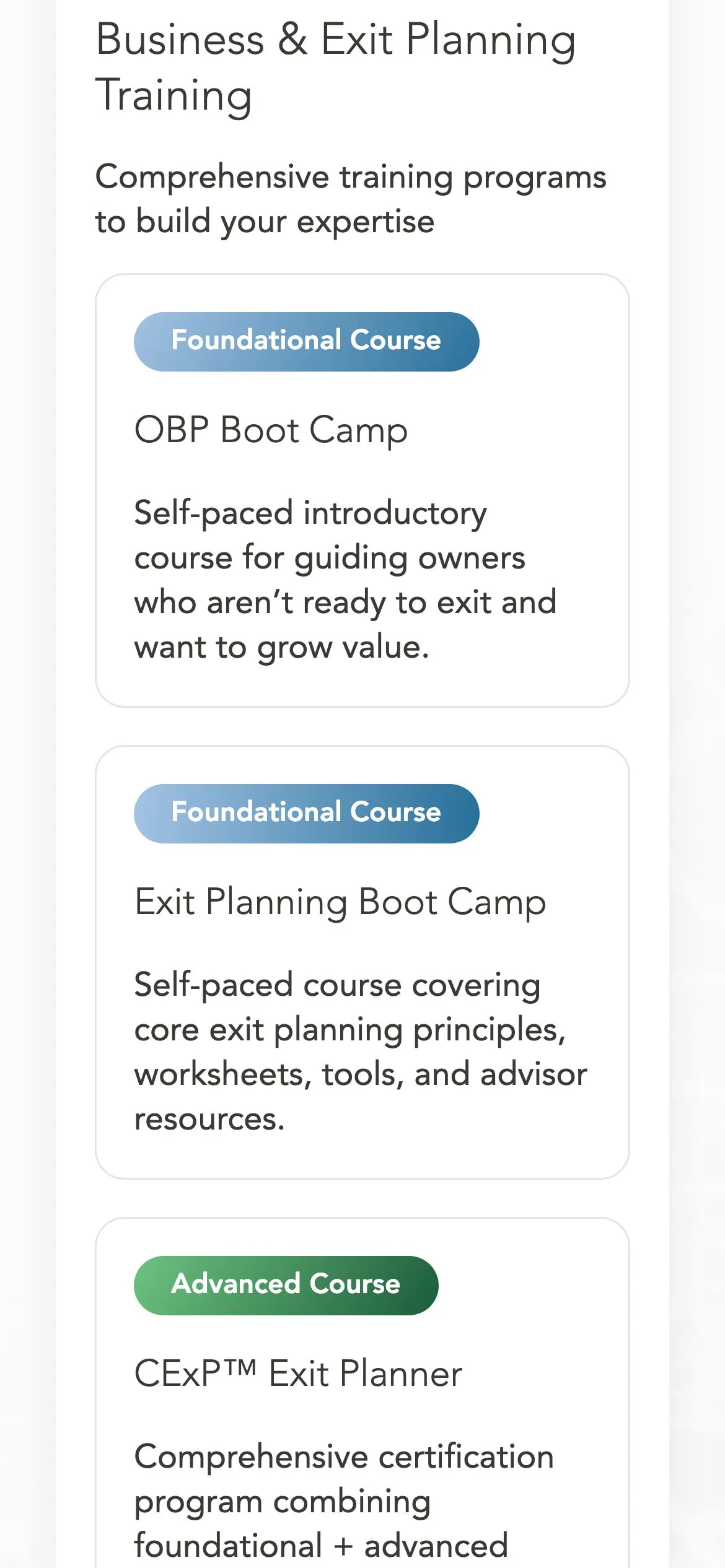 Mobile services list: training courses as stacked cards