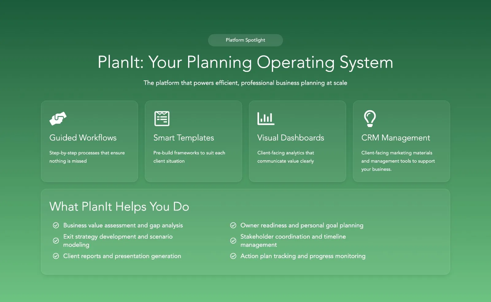 The PlanIt platform spotlight section on the exitplanning.com membership page