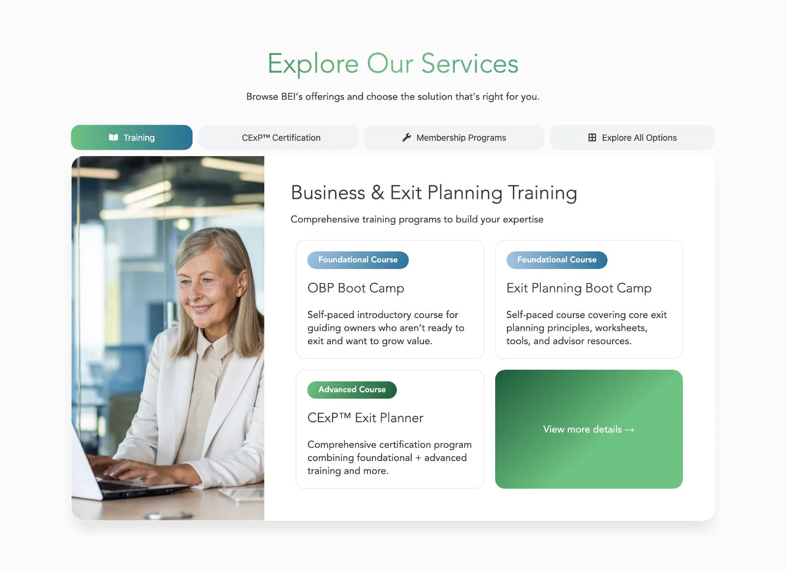 Explore Our Services: training, certification, membership, and all options as tabs