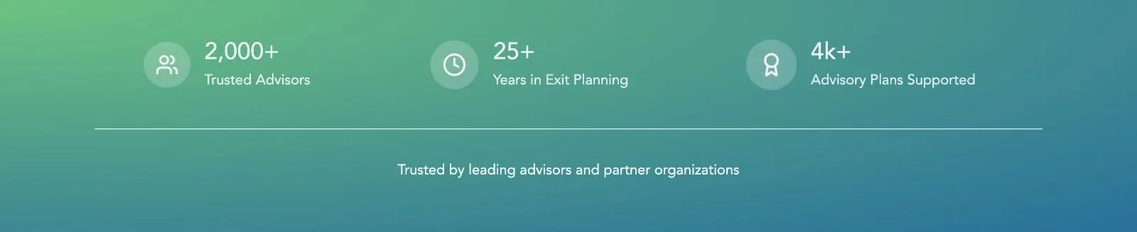 BEI's credibility strip: 2,000+ trusted advisors, 25+ years in Exit Planning, 4k+ advisory plans supported