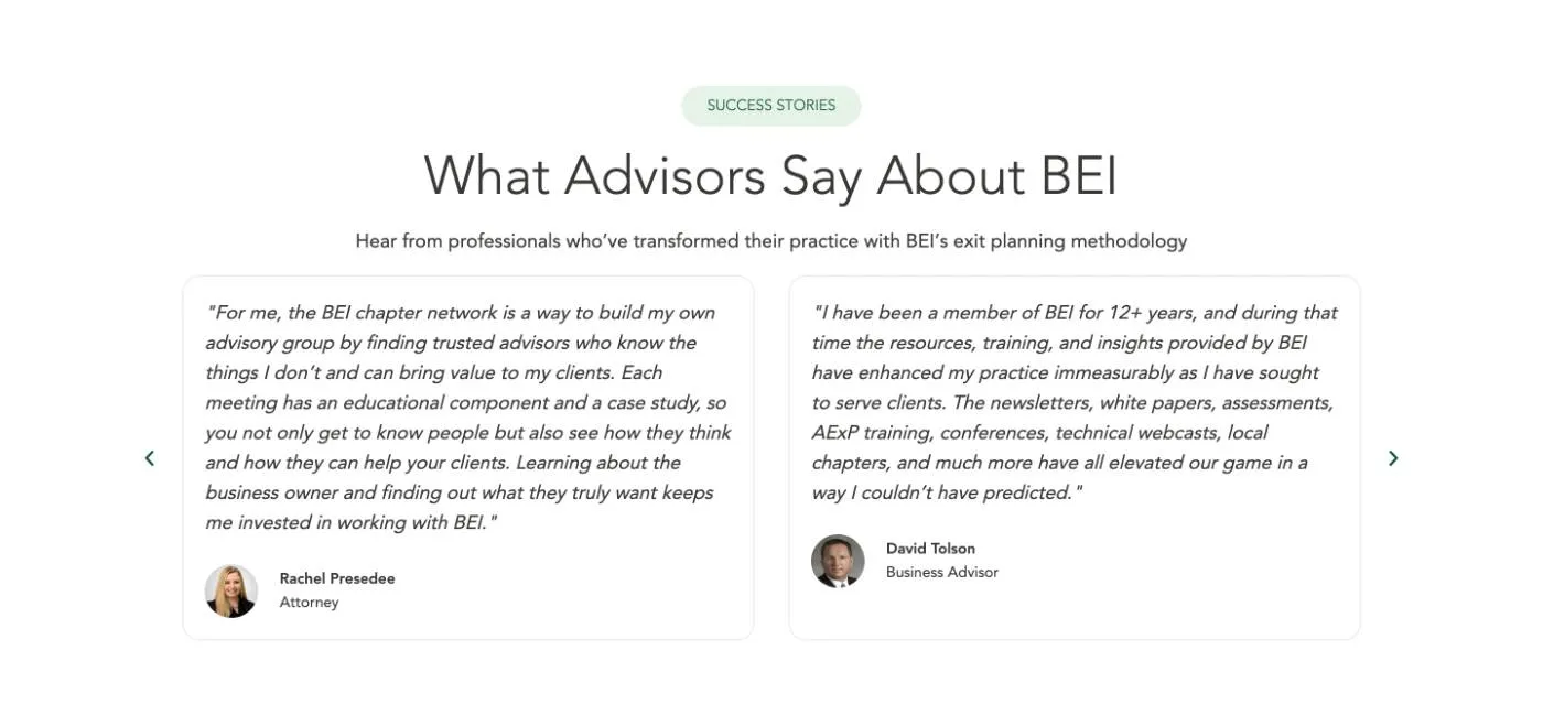 What Advisors Say About BEI testimonial section