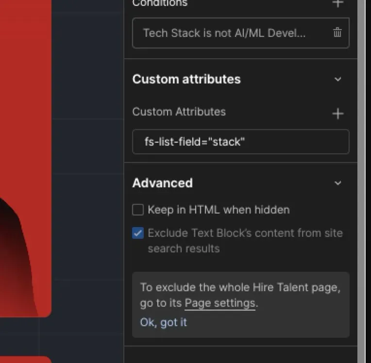 The custom attribute panel showing a single fs-list-field attribute