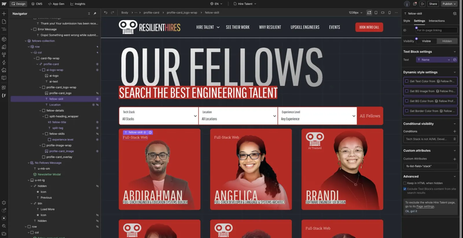 The directory page open in the Webflow designer