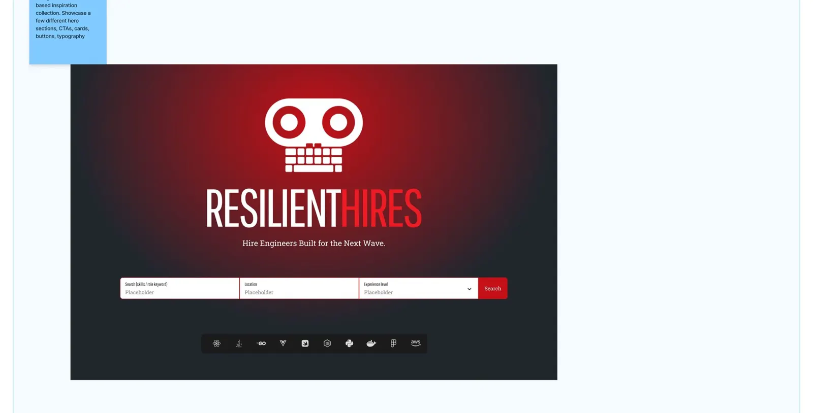 An early hero concept: the Resilient Hires mark centered over a dark-to-red gradient