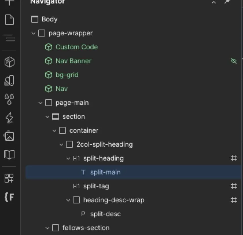 The Webflow navigator showing the heading structure: main word, tag, description