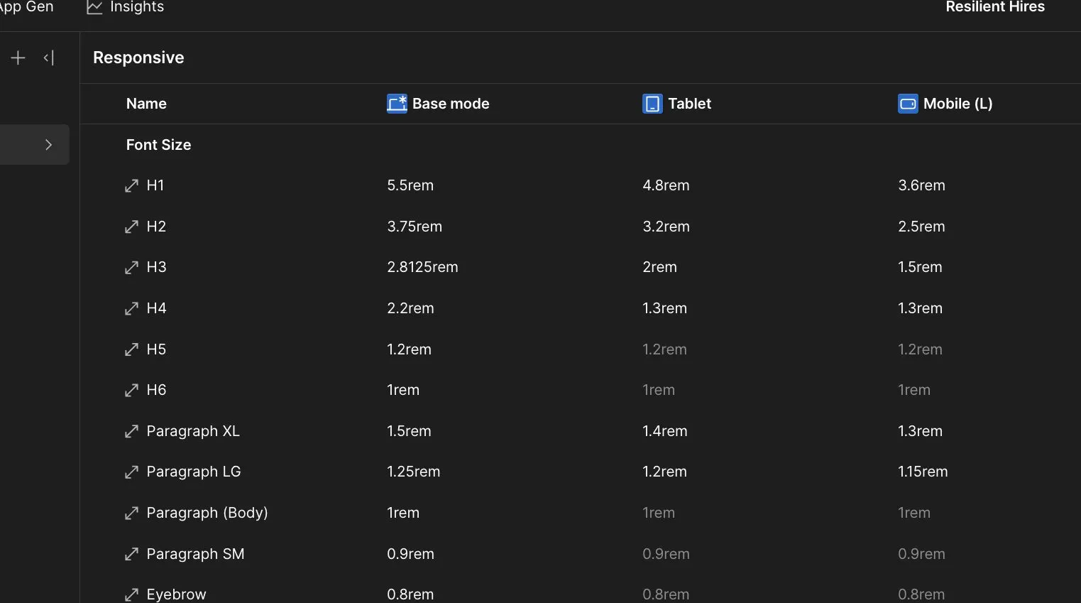 Webflow variables panel: heading sizes as variables, one value for each screen size