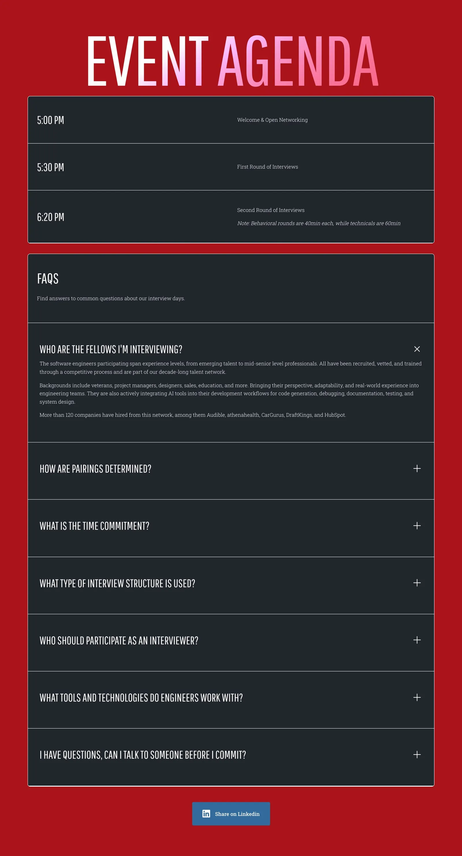 An event page with agenda and FAQ