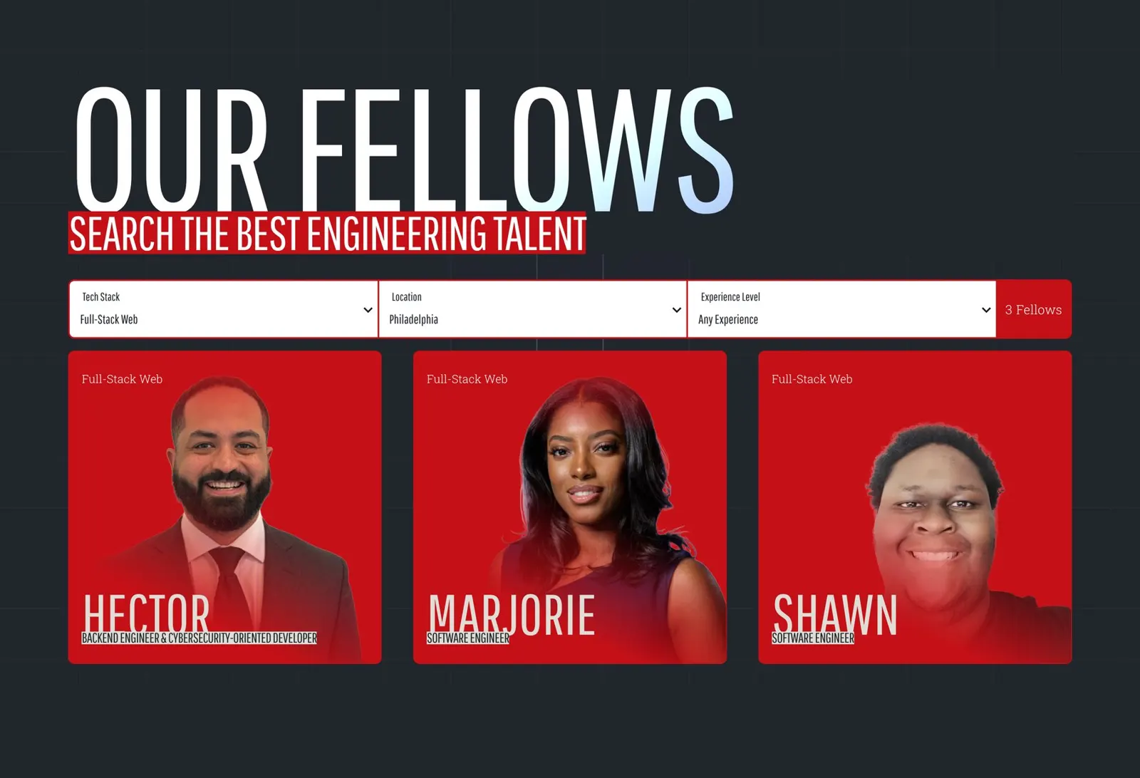 The directory filtered to Full-Stack Web in Philadelphia, showing three fellows