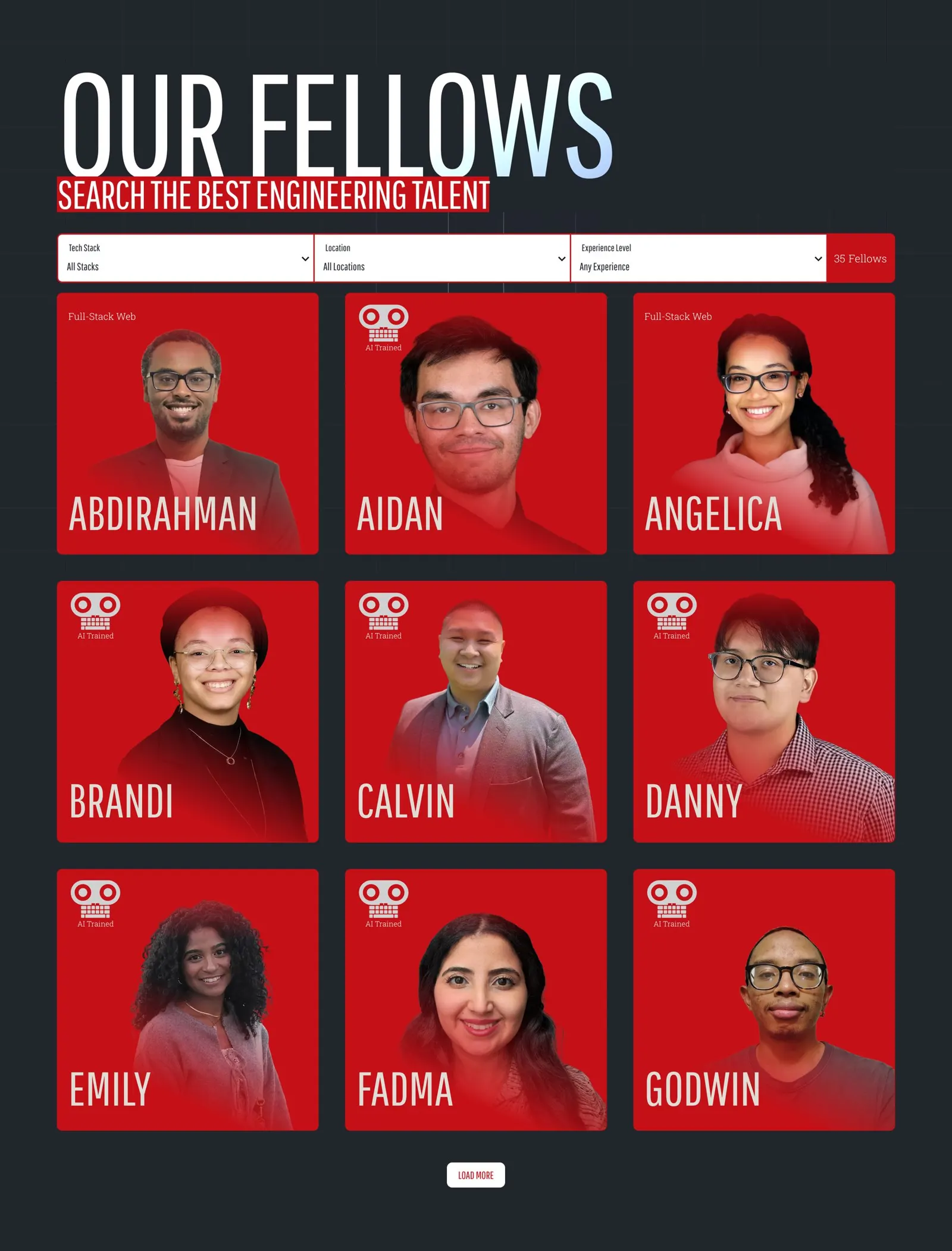 The full talent directory: a grid of fellows on red cards with names and stacks