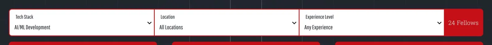 The filter bar: tech stack, location, experience, and the live count
