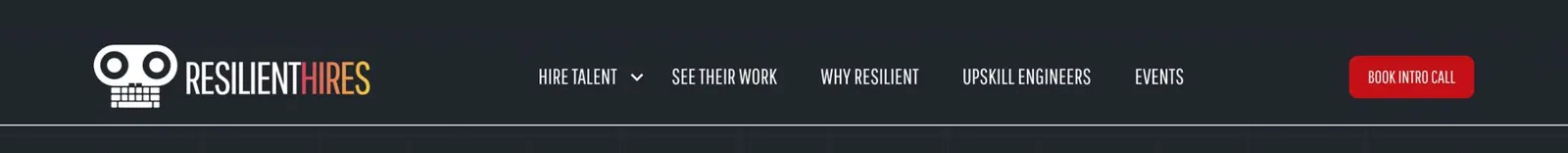 The Resilient Hires header: wordmark, five navigation links, and a Book Intro Call button