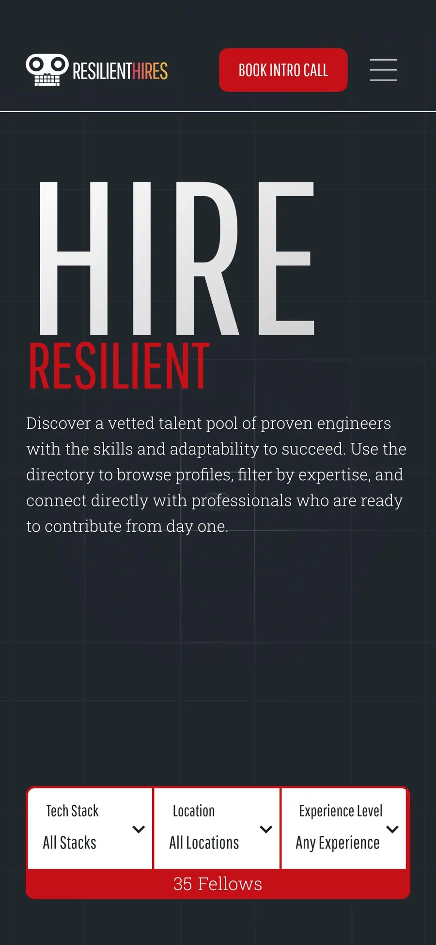 The Hire Resilient page on a phone