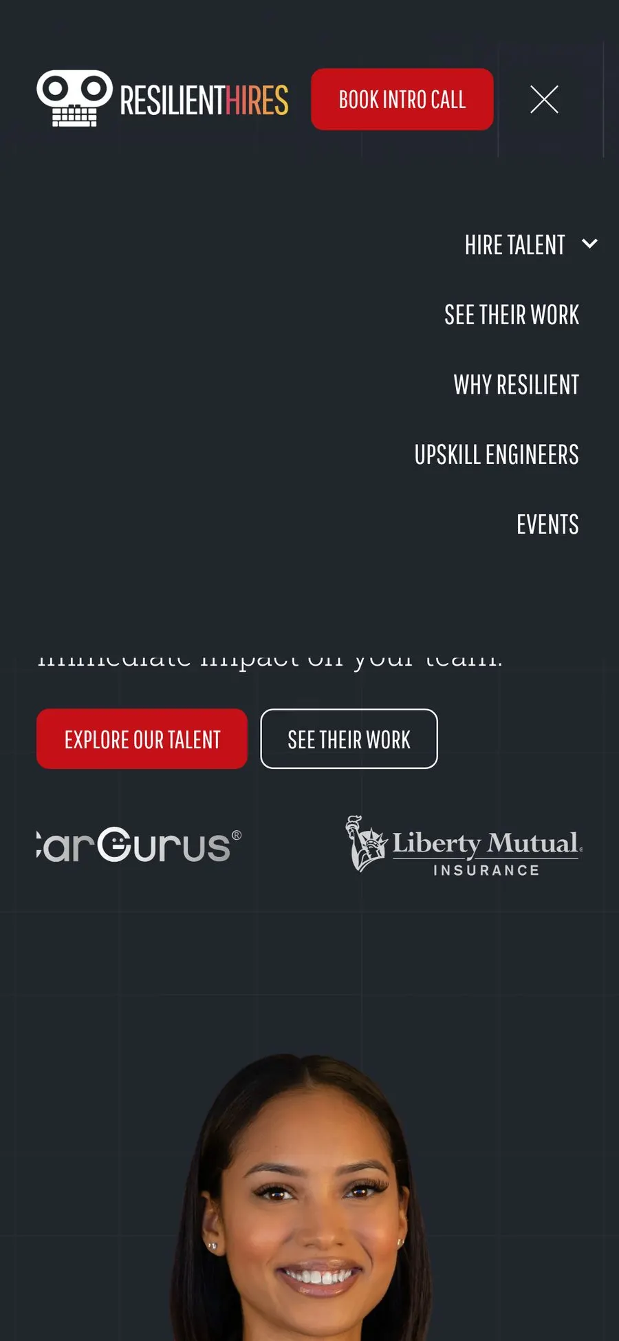 The mobile menu open, with Book Intro Call in the header