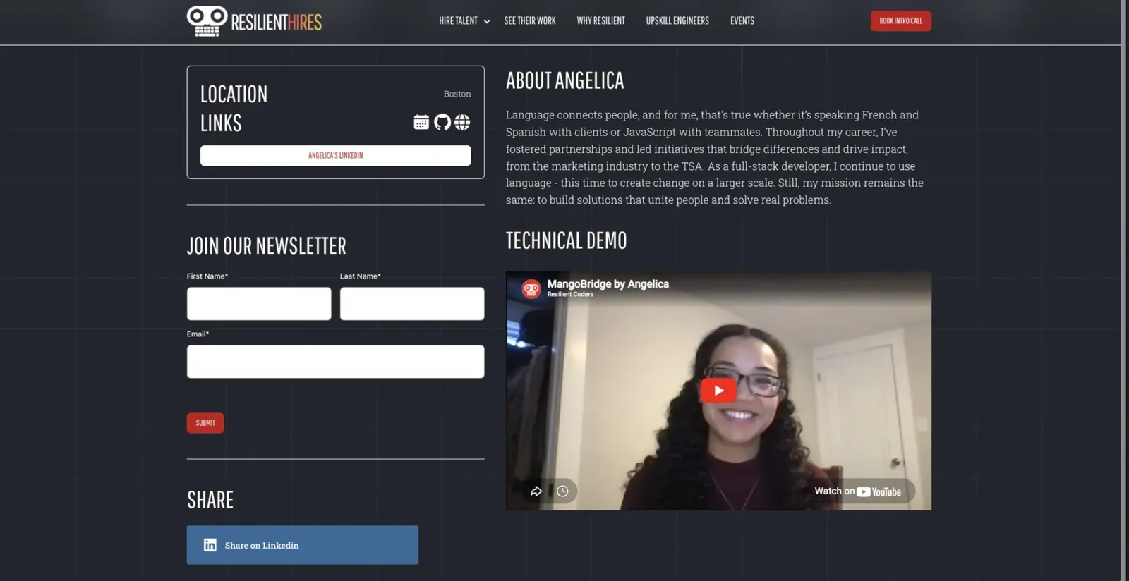 A profile: links, newsletter, bio, and a technical demo