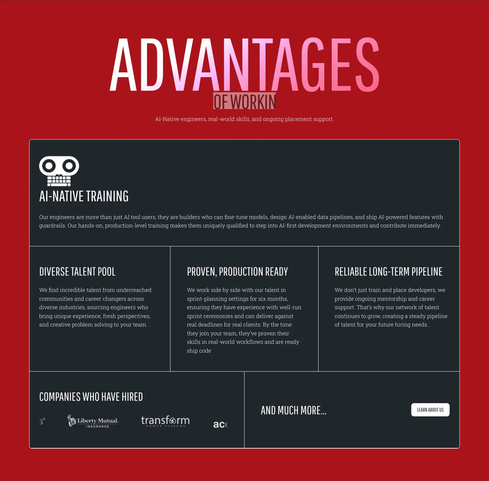 The red Advantages section with its grid of cards