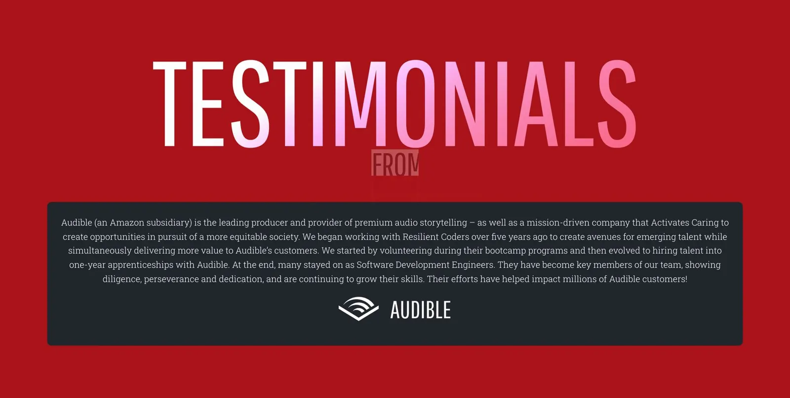 The Testimonials section on red
